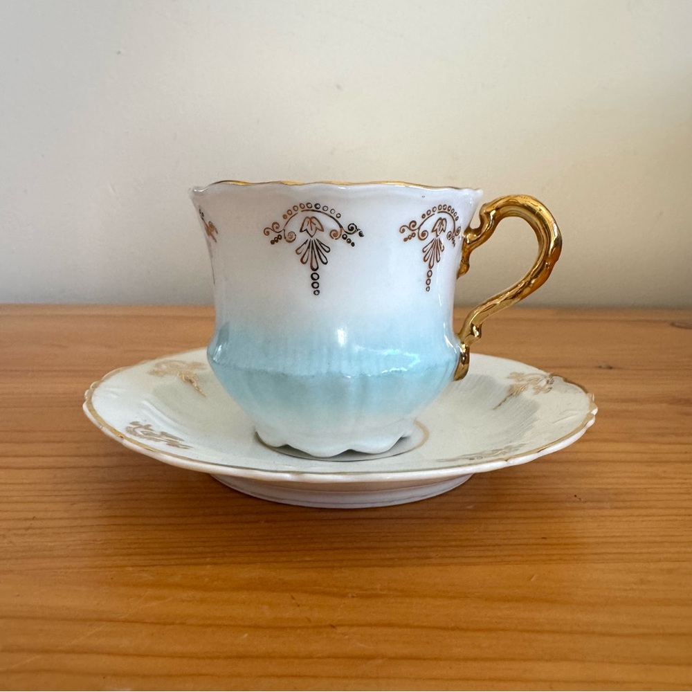 Antique Carl Tielsch Altwasser 1880s Porcelain Tea Cup Saucer Blue Gold